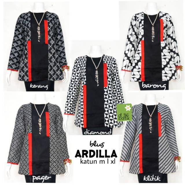 Blus Ardilla Baju Batik Monokrom Wanita Kerja Kantor Elegan Kekinian