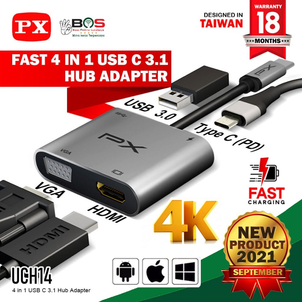 USB Hub Converter Type C 3.1 To HDMI VGA USB Adaptor 4 in 1 PX UCH-14