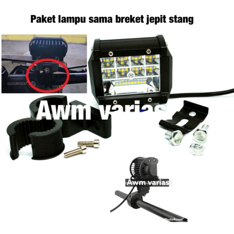 paket lampu tembak plus breket lampu pejepit stang