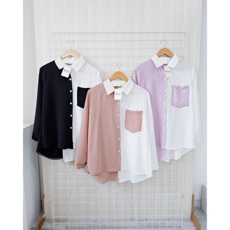 Kemeja Wanita Casual Lengan Panjang Polos Premium Kombinasi Two Tone