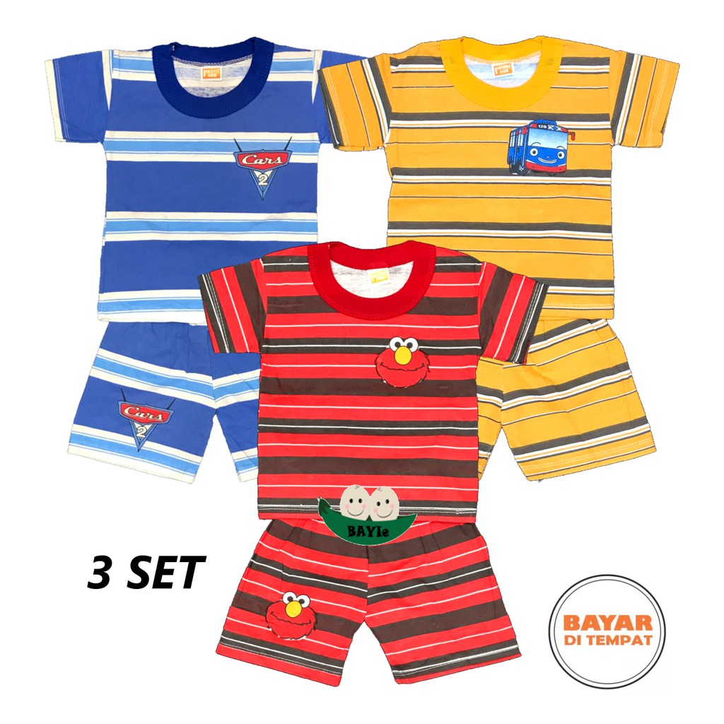 Bayie - 3 SET Setelan Pendek Kaos Oblong Bayi/Anak Laki-laki/Perempuan STRIP PROTO 3-12 bulan