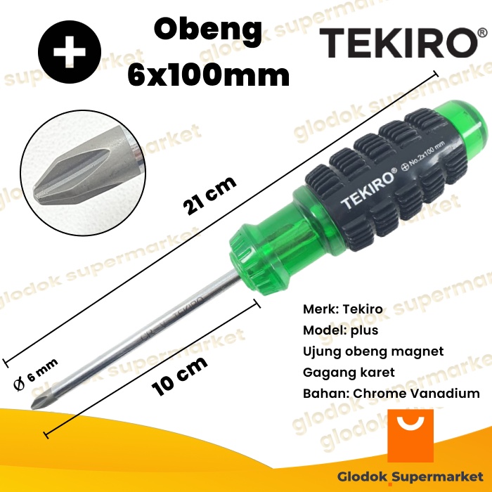 Obeng Plus 4 inch Tekiro Diameter 6mm Panjang Besi 10cm Magnet Gagang Karet