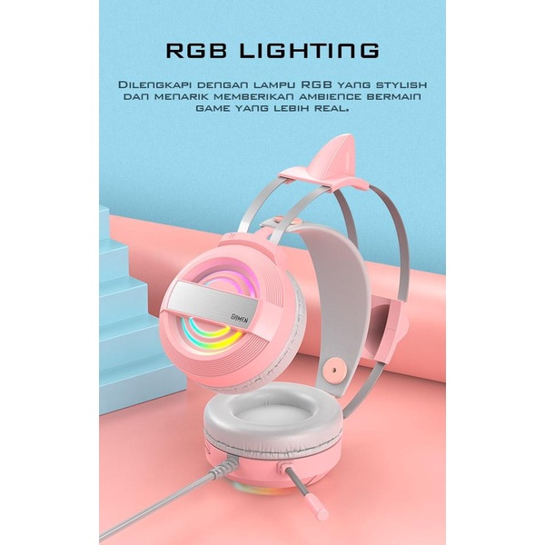 Gamen GH1100 Pink Cat Ear Cute RGB Wired Headset Headphone Gaming HP