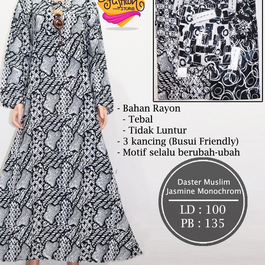 Longdress Batik Hitam Putih Monochrome / Daster Busui Friendly / Daster Lengan Panjang