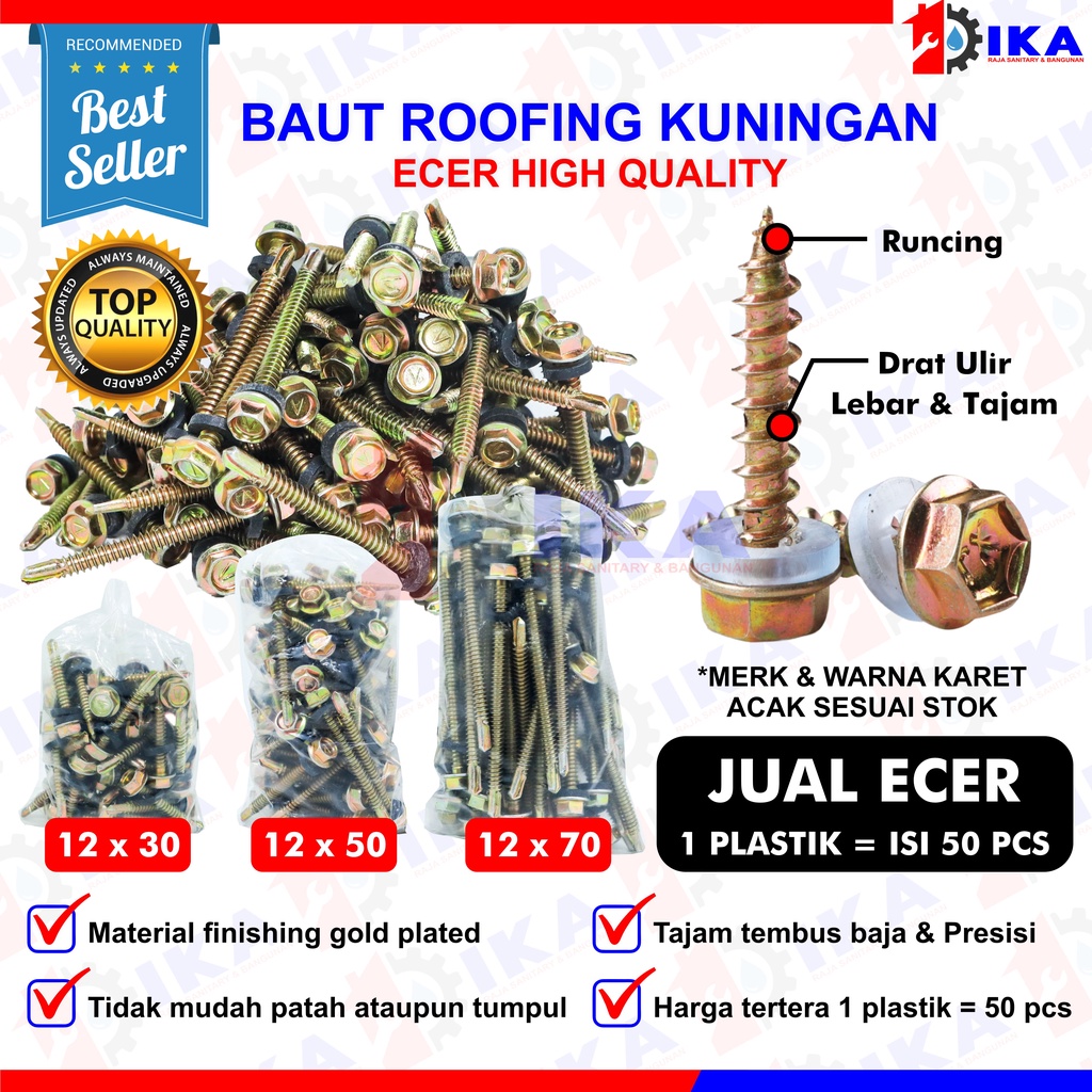 (50 PCS) Skrup Baut Roofing Kuning Ecer 12 x 30 50 70 MURAH / Self Drilling Screw 3cm 5cm 7cm /50pcs