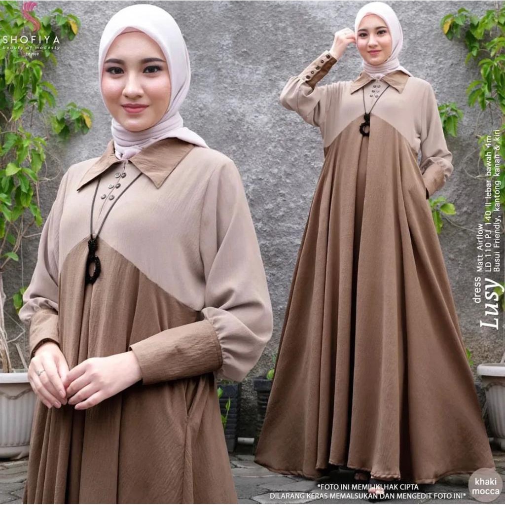 Lusy Dress Terbaru/ Gamis Crinkle Muslimah Terbaru Two Tone / Fashion Muslim Wanita Terkini / Baju Dress Murah