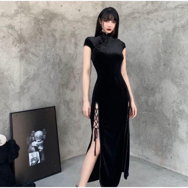 [Goth] Cheongsam Velvet Bodycon Sexy Long Dress 8471 (S/M/L)