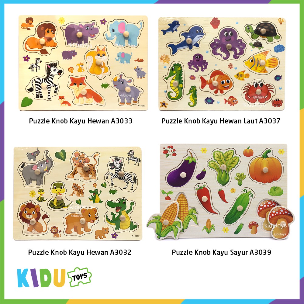 Mainan Anak Puzzle Knob Kayu Huruf / Angka / Hewan / Sayur / Buah (Beli 3 = HARGA GROSIR, Boleh Mix) Kidu Toys