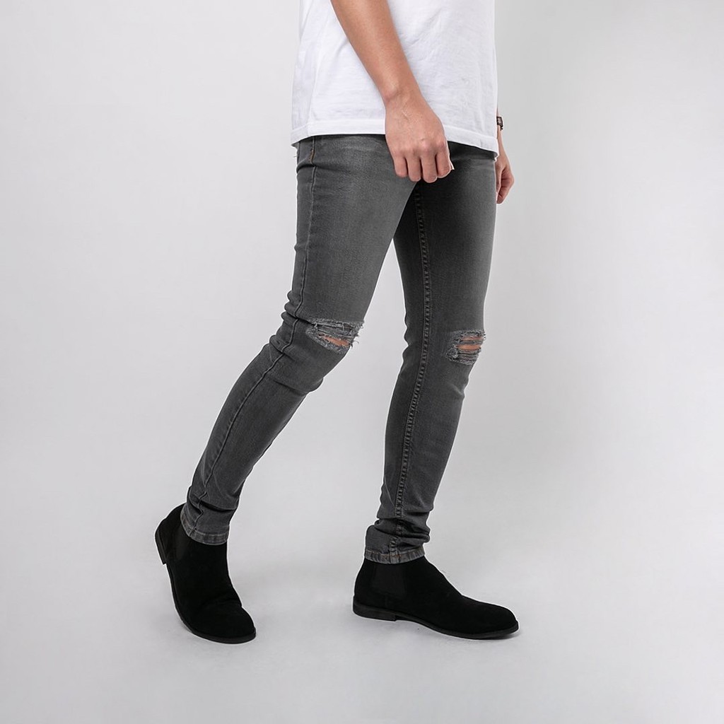 Celana Ripped Jeans Pria  / Celana Jeans Sobek Bahan Stretch Denim - (UJ-17) - Dark Grey