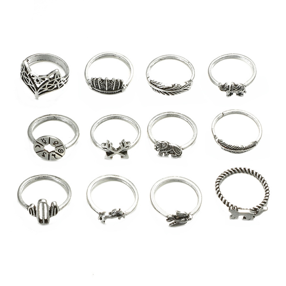 Hu Hu Hu Hu Hu Alat Bantu Pasang Kacamata♡ 12pcs / Set Cincin Buku Jari Aneka Bentuk Warna Silver Gaya Vintage Untuk Wanita