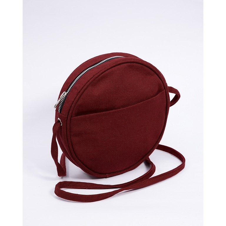 Tas Slempang Bulat Kanvas Heejou Wanita Perempuan Lucu Circle Maroon