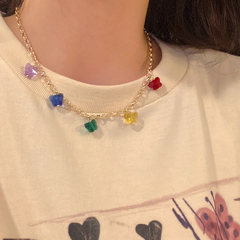 Korea 2021 Summer New Candy Color Cute Butterfly Tassel Necklace INS Trend Simple Childlike Color Butterfly Clavicle Chain Female Fashion Accessories Jewelry Gift