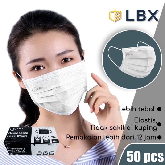 LBX Masker Premium Earloop 3Ply 3 ply Tebal Lembut Putih White isi 50