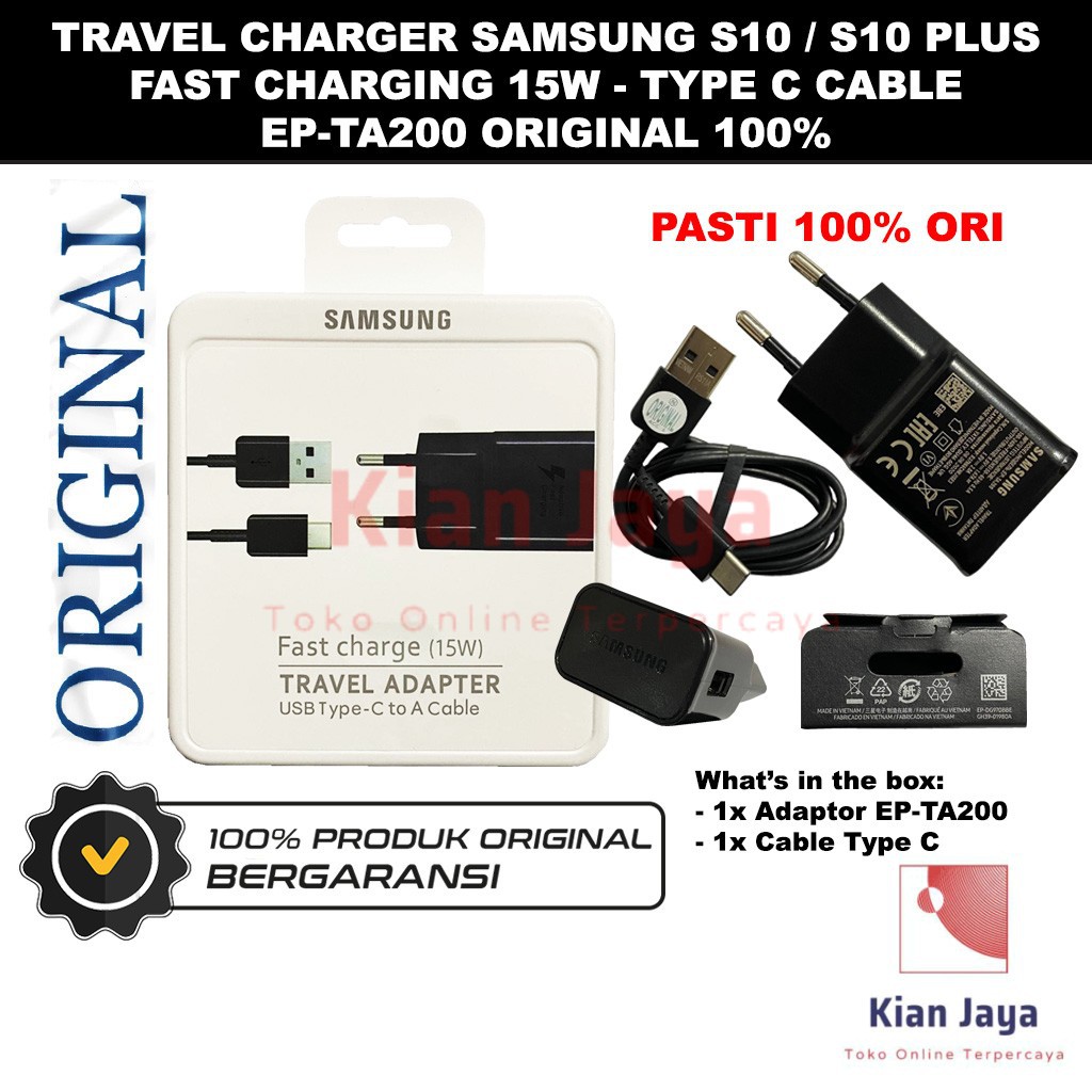 [Garansi 100% Ori] Travel Charger Galaxy S10 / S10+ Fast Charging 15w Type C Cable Adaptor Casan Hp Original