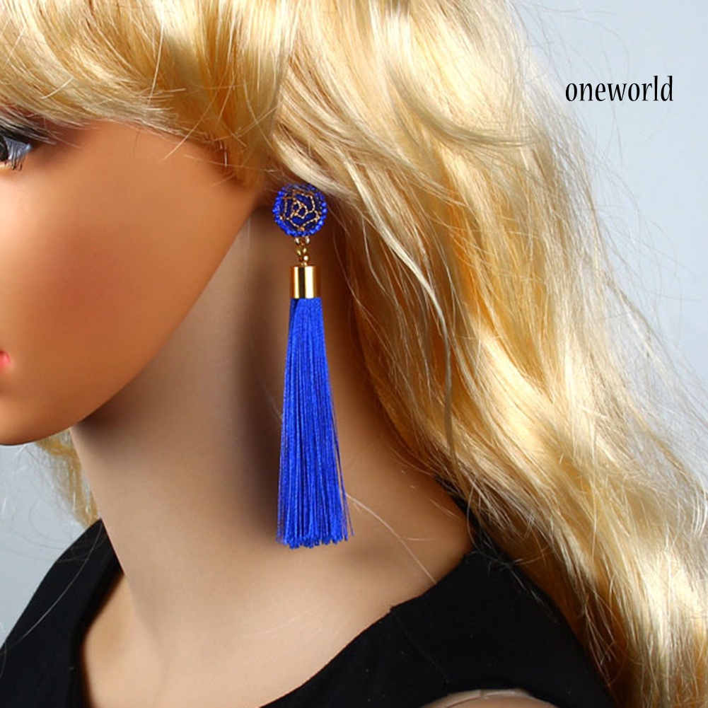 OW@ Bohemian Ethnic Flower Long Tassel Dangle Statement Earrings Women Jewelry Gift