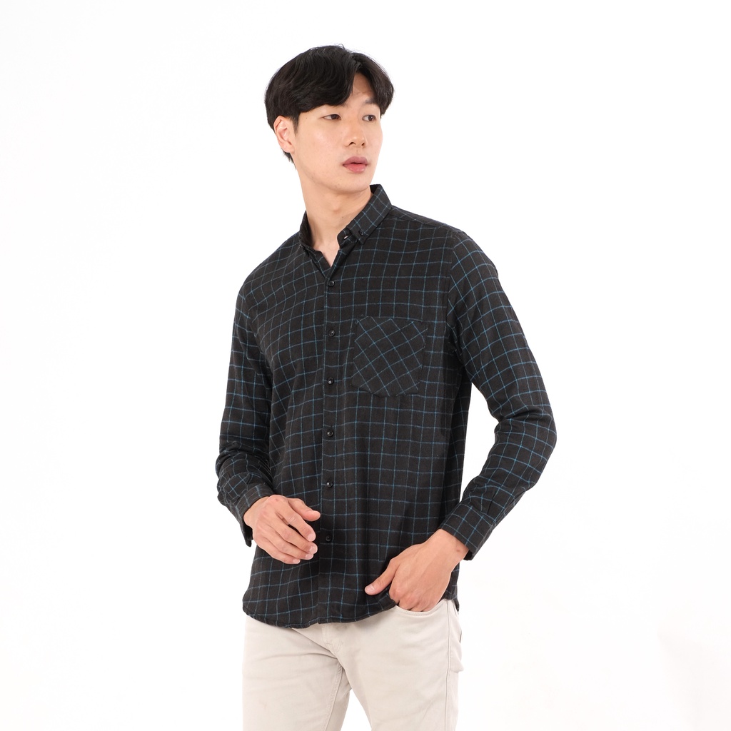 SANVANINA Kemeja Flanel Panjang Pria Distro Slim Fit Hitam Kotak Kotak | Flannel Checked Black Tosca - E-8007