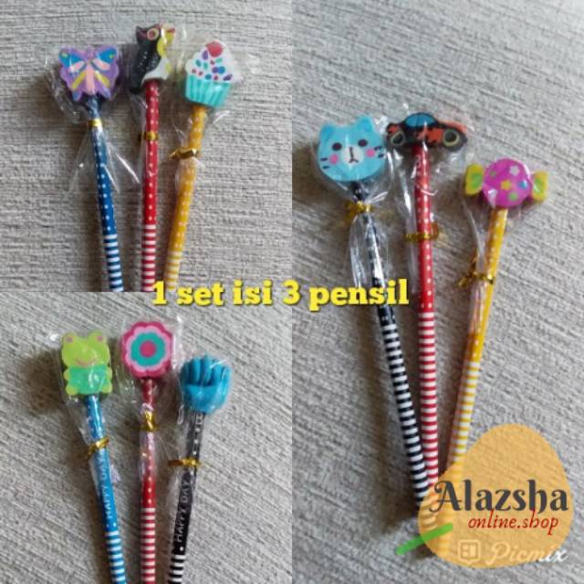 

Pensil Serut dengan Penghapus karakter (1 set isi 3 pensil)