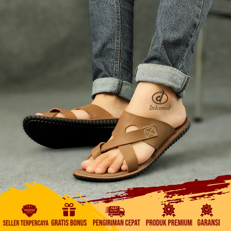 DCMD X KAPU - Sendal Jepit Bahan Kulit Unisex Pria Kualitas Premium Ukuran 39 - 43 Warna Coklat Hita