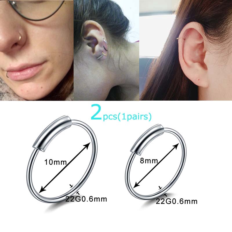 2pcs Hoop Earrings Daith Rook Pinna Helix Piercing Nose Ring Stianless Steel 22G