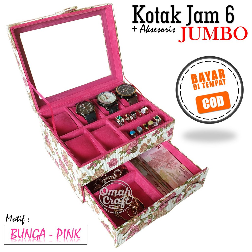 LARGE SIZE - Kotak Jam Tangan isi 6 jUMBO Mix Perhiasan dan aksesoris Warna BUNGA PINK