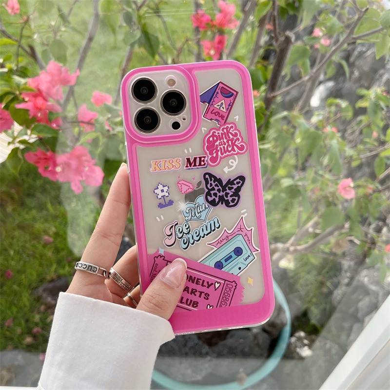 Case Transparan Motif Koleksi Label Pink Untuk Iphone 7 8 PLUS X XR XS 11 12 13 14 PRO MAX SE