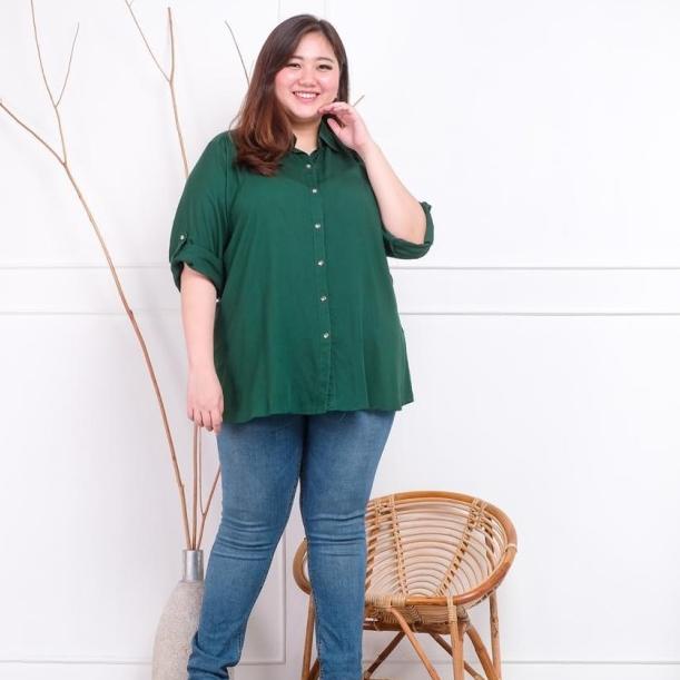 ♥ Atasan Kemeja Wanita Rayon Basic Polos Warna Hijau Botol XXL ☟