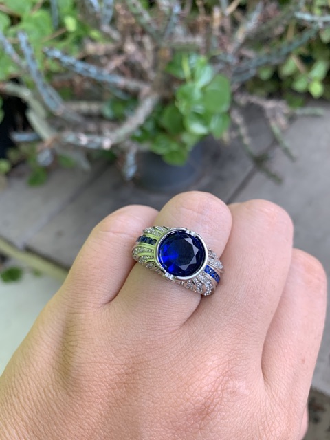 Cincin Casual Luxury Mewah Elegan Royal Blue Safir 18K White Gold Filled