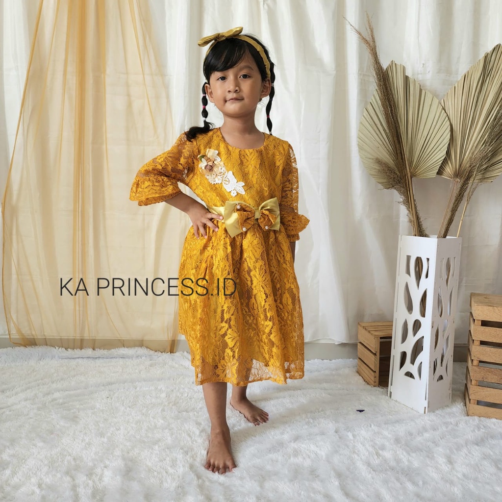 Dress Gold Anak Perempuan 4 5 Tahun Gaun Tutu Brukat Warna Gold Baju Pesta Mewah Impor Bahan Premium KA03