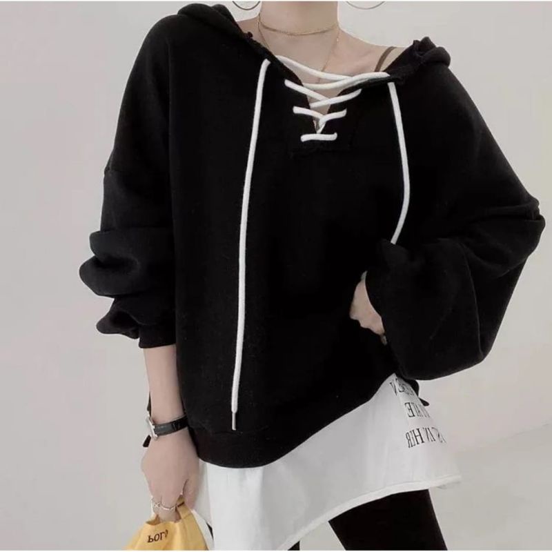 Cross rope sweater hoddie outerwear korean style fashion remaja wanita