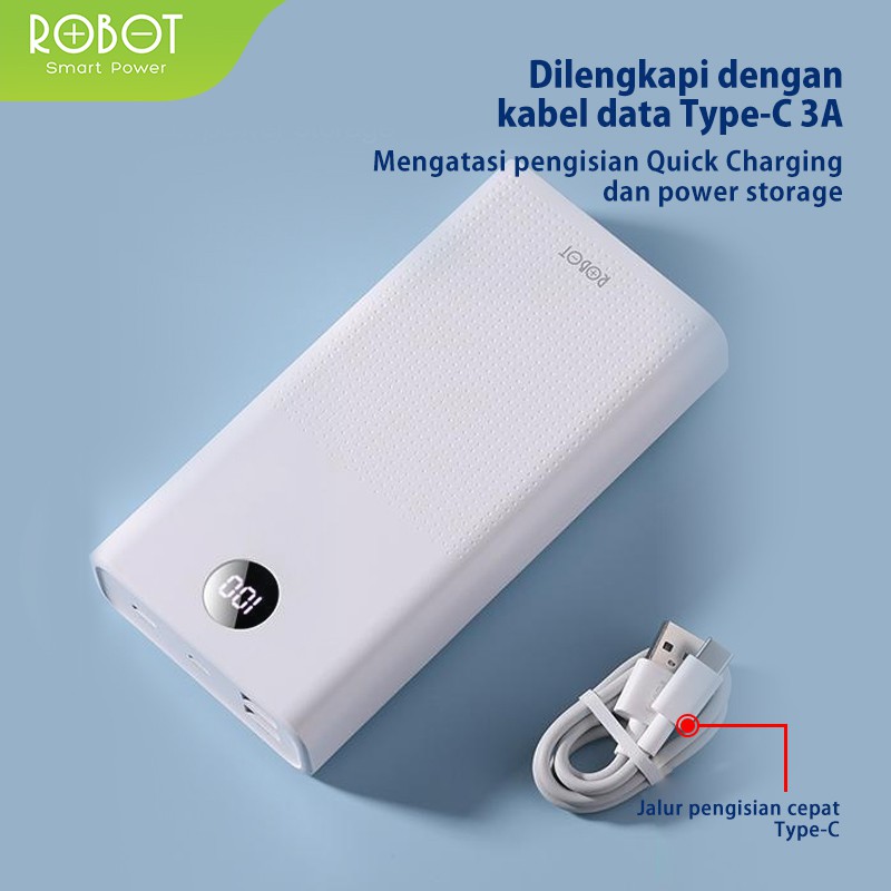 (GA2) PowerBank ROBOT 30000mah RT30 2.4A Dual Input Port Type C &amp; Micro USB 3 Output Original Fast Charging Real Capacity LED Indicator - Garansi Resmi 1 Tahun