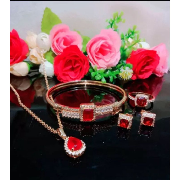 Set kotak permata merah elegan titanium asli