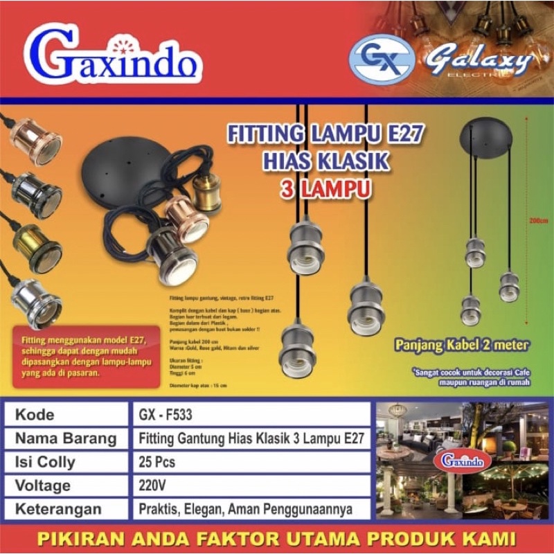 FITING FITTING GANTUNG KABEL 3 FITTING / LAMPU HIAS