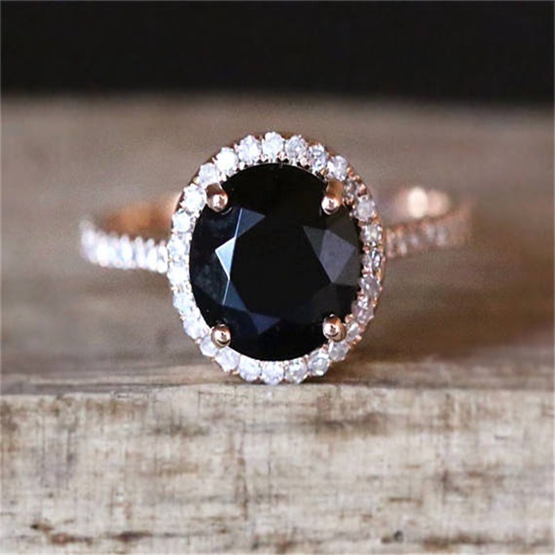 [Ready Stock]Inlaid Black Gem Rose Gold Ring Fashionable and Elegant