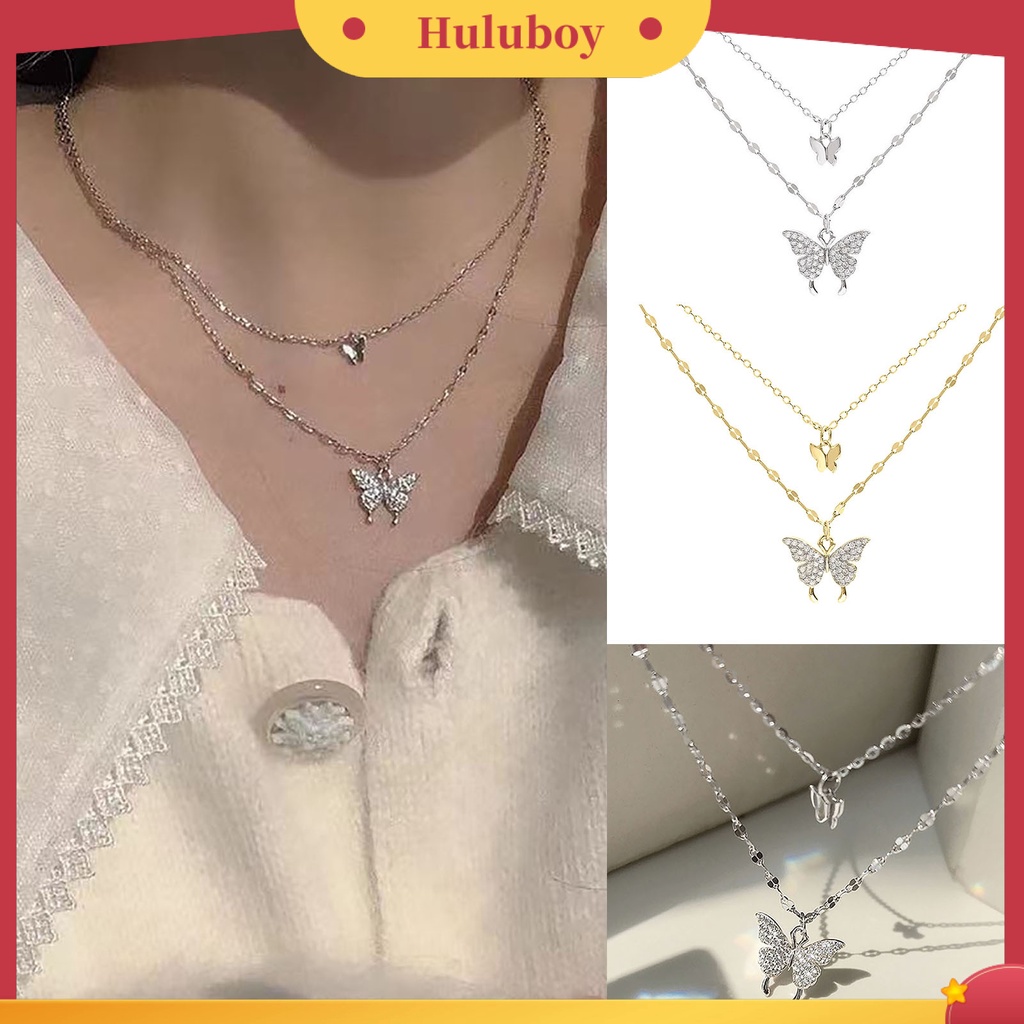 Hu Hu Hu Hu Hu Alat Bantu Pasang Kacamata♡ Kalung Double Layer Bentuk Butterfly Aksen Berlian Imitasi Untuk Wanita