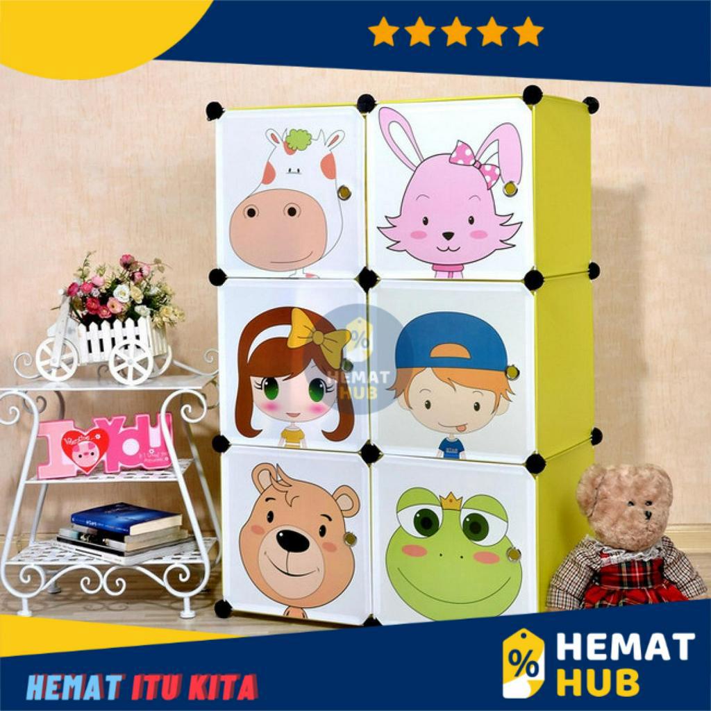 Lemari Pakaian PlastikTempat Rak Baju Susun DIY 3 Pintu Anak Motif Kartun Portable