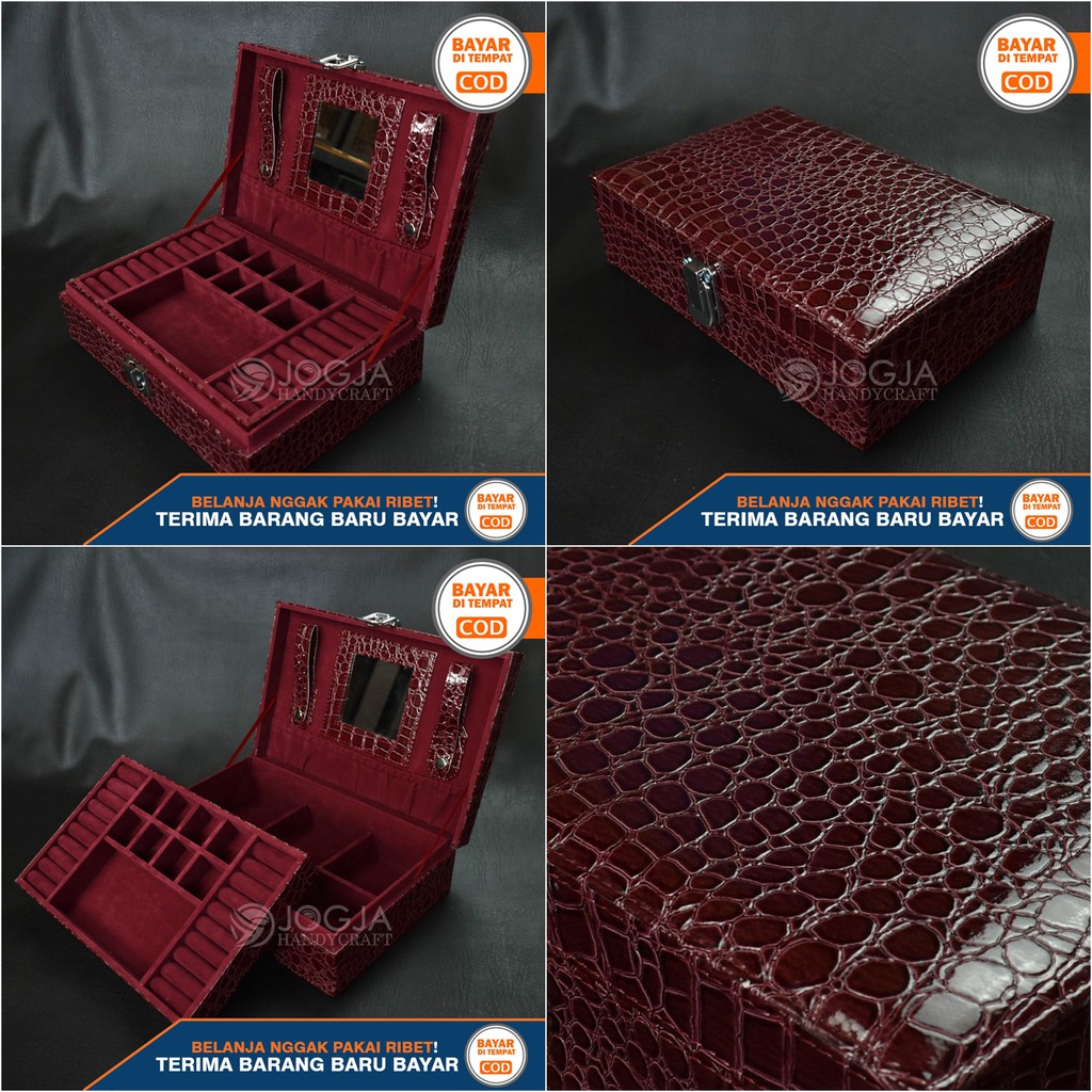 Exclusive Maroon Croco Jewelry Box Organizer / Tempat Perhiasan Lengkap Anting, Gelang, Kalung, Emas