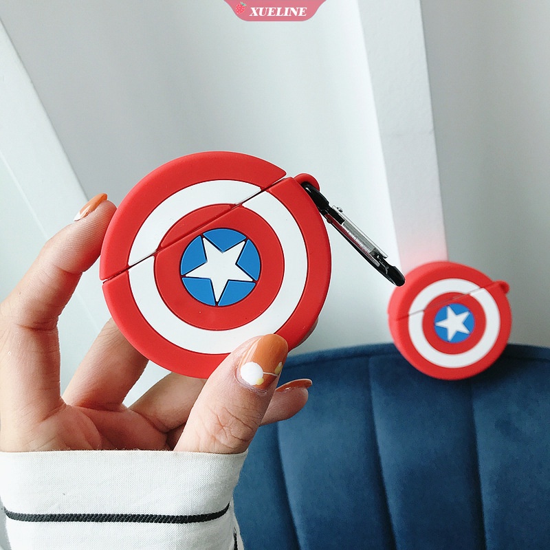 Cover Pelindung Bahan Silikon Motif Captain America Untuk AirPods 1 2