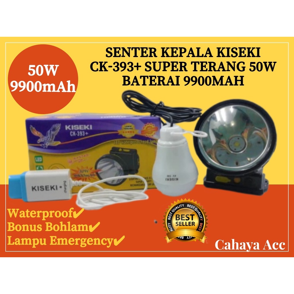 Senter Kepala Kiseki 50W CK-393+ Cahaya Putih Headlamp LED Super Terang Waterproof Anti Air Hujan Baterai 9900mAh / Lampu Senter Kepala LED 50Watt Bonus Bohlam+Charger BISA COD