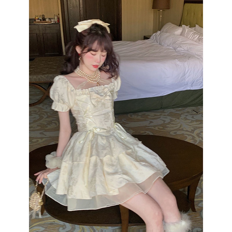 Red Busur Puff Lengan Mesh Gaun Putri Musim Panas Jepang Lolita Renda Pinggang Jamur Fringe Puffy Dress
