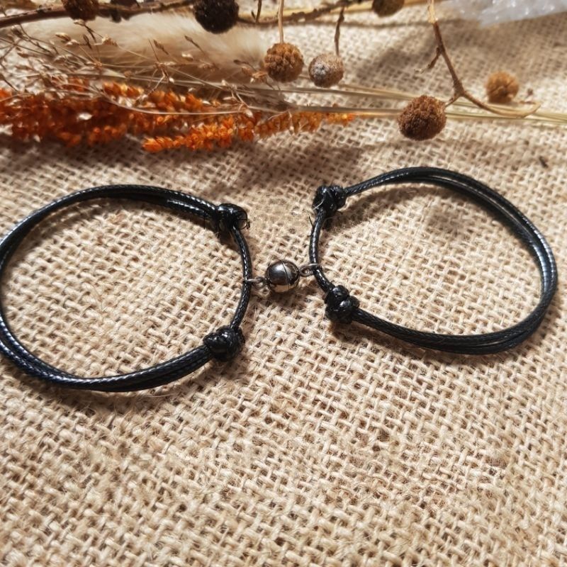 gelang couple tali hitam magnet silver, gelang pasangan tali korea