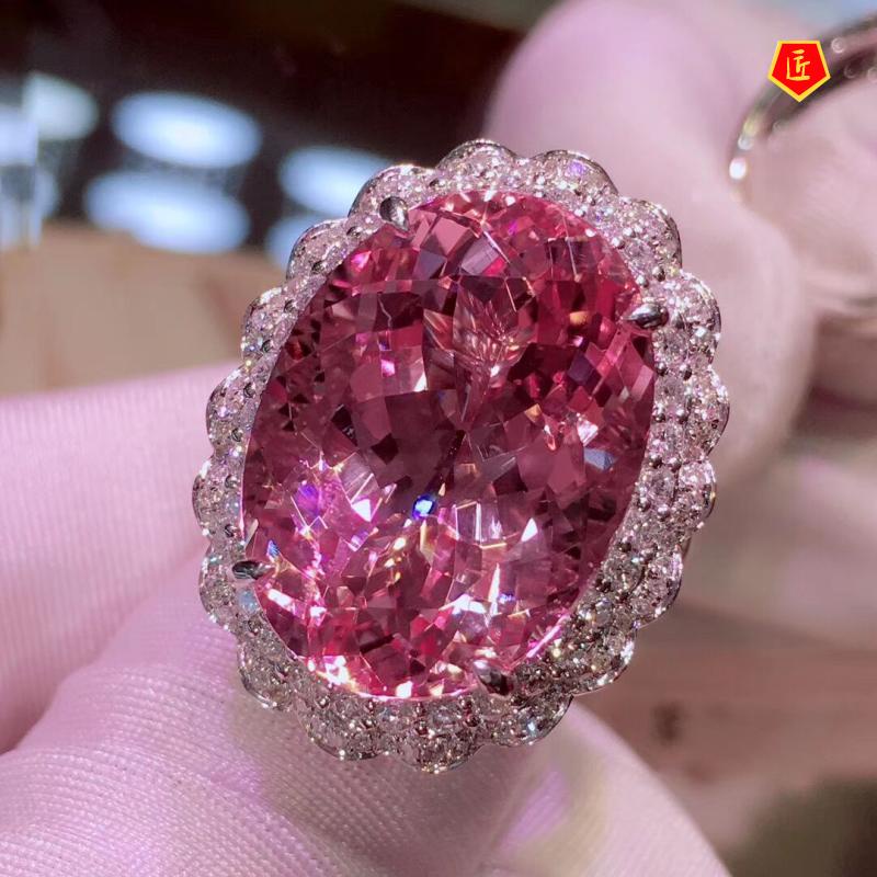 [Ready Stock]Oval Natural Pink Morganite Open Ring Pink Diamond Necklace