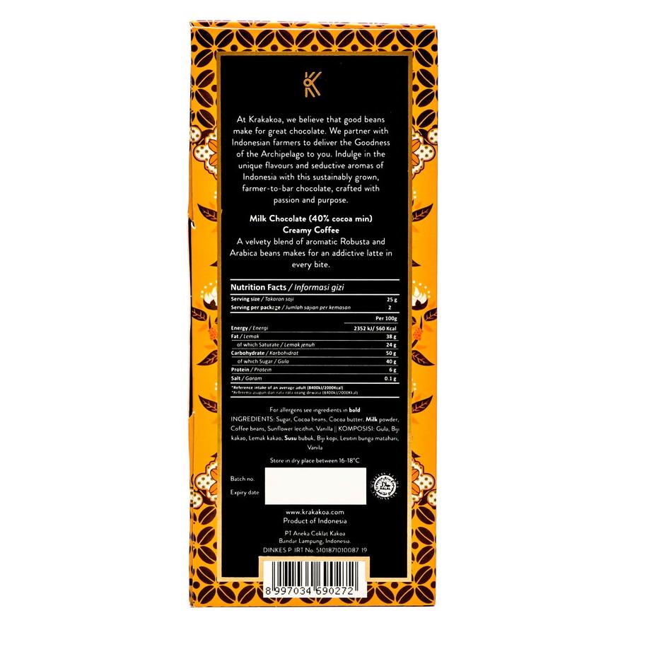 

72 Krakakoa Flavoured Milk Chocolate, Creamy Coffee EO72 (Baru)