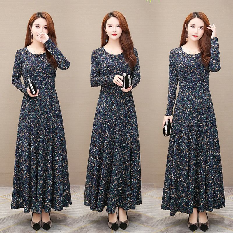 Real Foto M-4XL Gaun Maxi Wanita Lengan Panjang Elegan Slim Bunga Pleated Kasual Makan Malam Vintage Dress