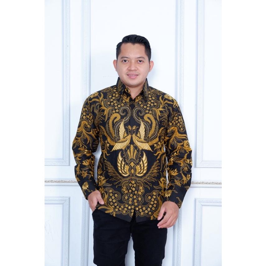 Batik pria lengan panjang HITAM GOLD FURING modern  ORIGINAL BAJU PREMIUM ORIGINAL