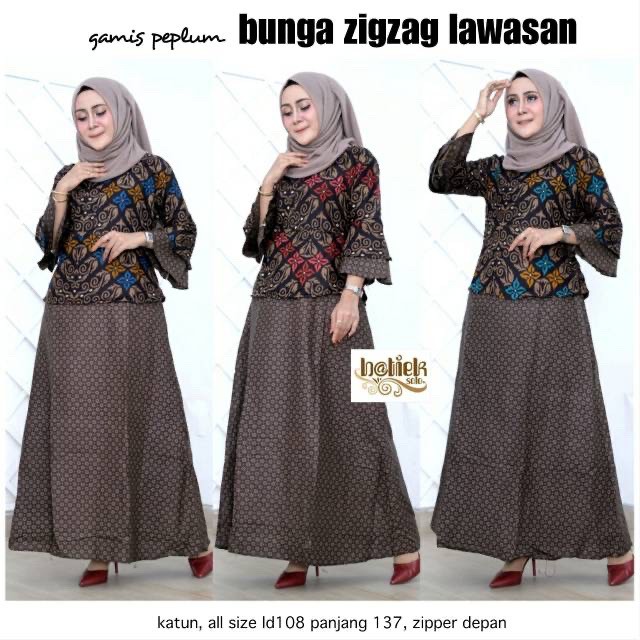 Couple Gamis Peplum Bunga Zigzag Lawasan Batik Marini Long Maxi Muslim Pesta Seragaman Sarimbit