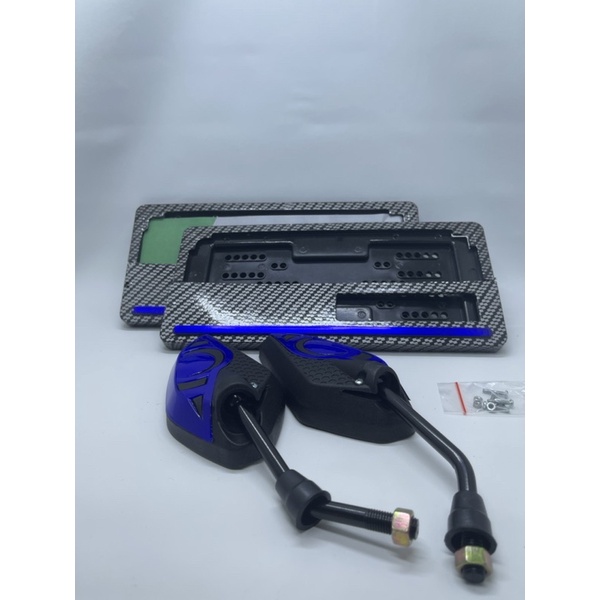 Spion JJ Honda Yamaha + Cover Plat Nomor Karbon List Biru