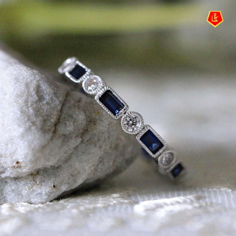 [Ready Stock]Inlaid Blue Square Topaz Ring Fashion Simple