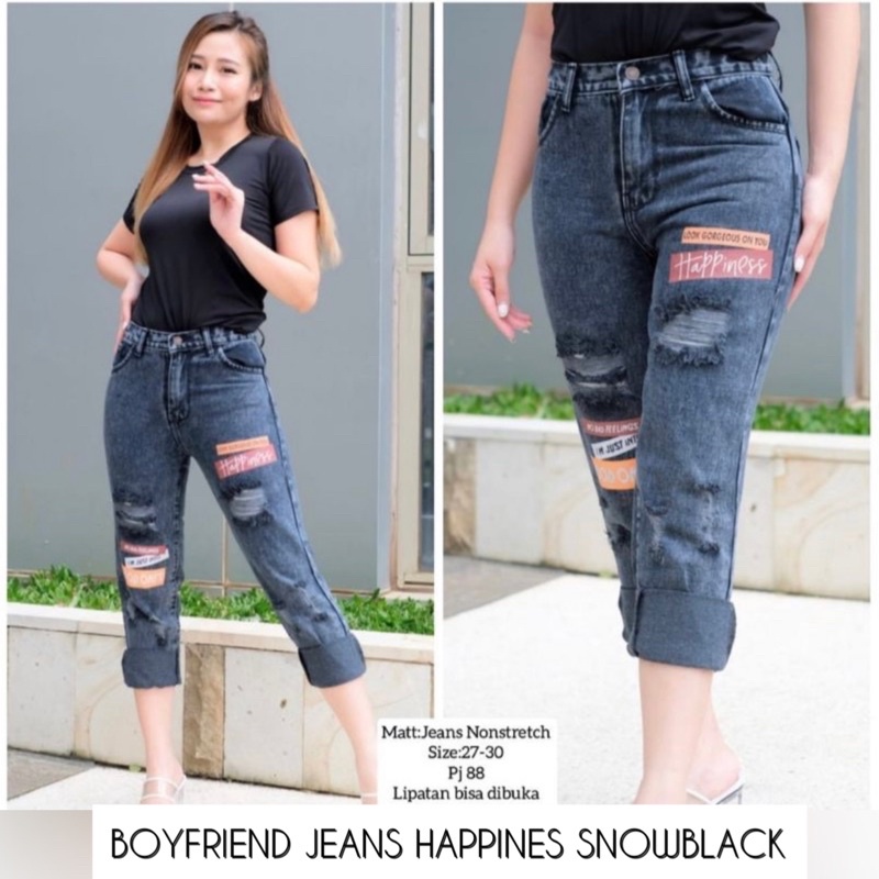 READY STOCKCELANA JEANS WANITA BOYFRIEND SOBEK HAPPINES SNOWBLACK