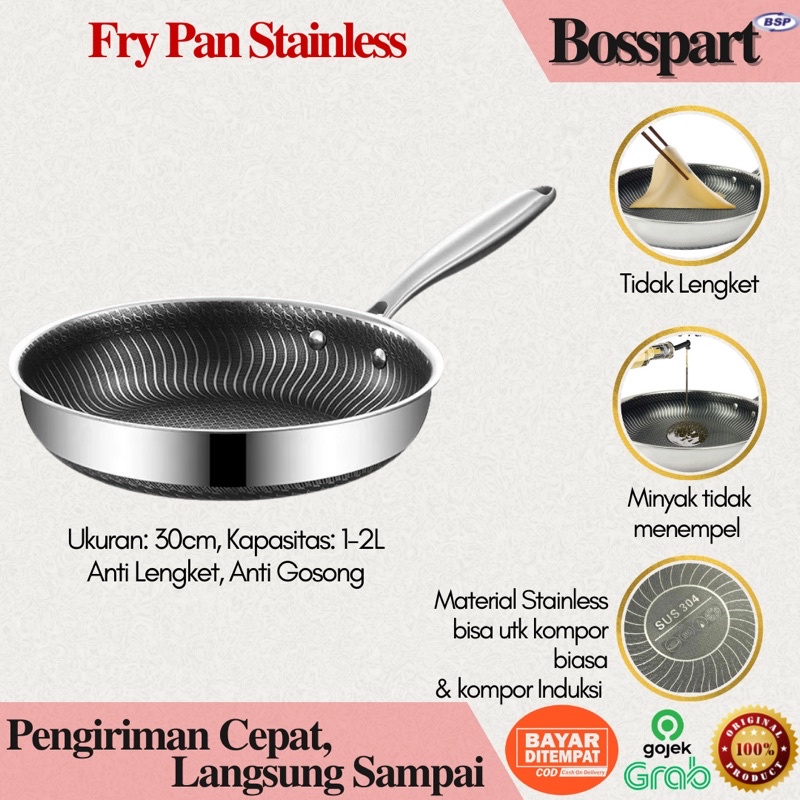 Fry Pan Stainless Honeycomb ukuran 30 / Wajan Stainless / Panci Honeycomb