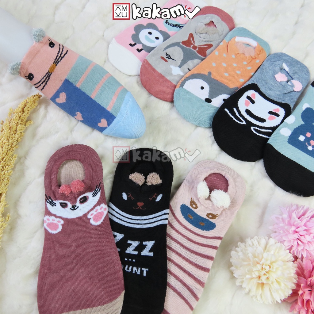 Kakamu Paket Kaos Kaki Invisible / Balet / Dibawah Mata Kaki Motif Karakter 3D Aksen Telinga Mix 12pcs